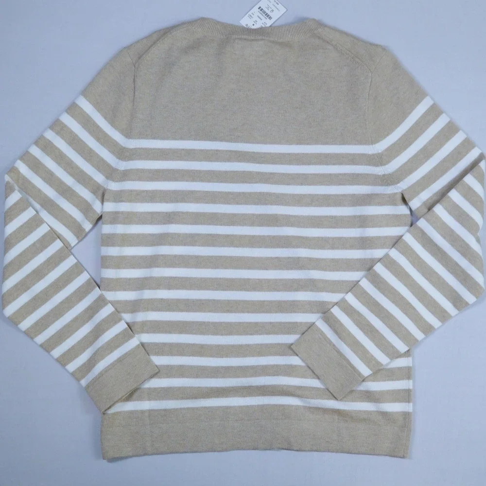 J.Crew Teddie Sweater Womens Large Tan White Striped Cotton Crewneck Coastal NWT